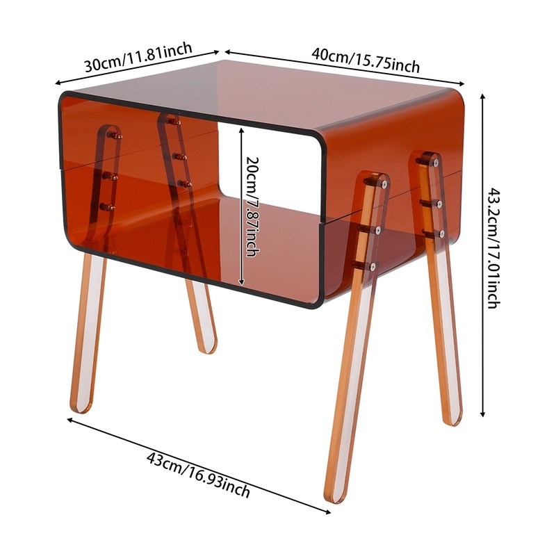 Brown Acrylic Side Table Semi-Clear Flared Legs Open Compartment 33lbs Load gallery