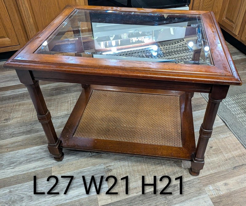 Vintage MCM Wood Glass Top Cane Shelf End Table