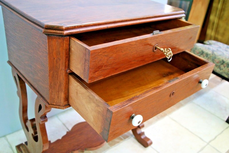 Antique Tiger Oak Victorian Sewing Work Stand Desk Two Locking Drawers with Key gallery