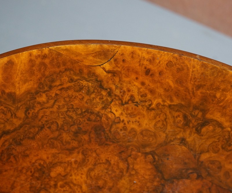 VICTORIAN BURR QUARTER CUT WALNUT OVAL SIDE END LAMP TRIPOD TABLE ORNATELY CARVE gallery