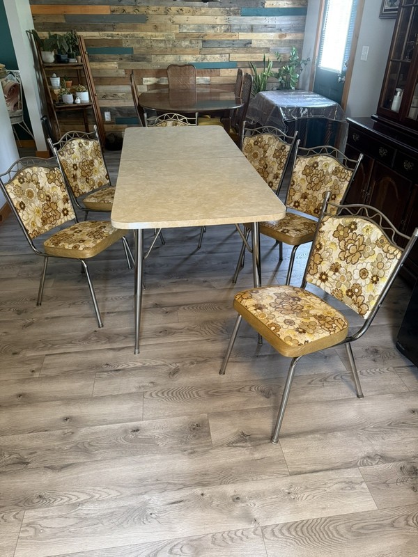 Vintage MCM Expandable Formica Dining Table with Retro Floral Vinyl Chairs