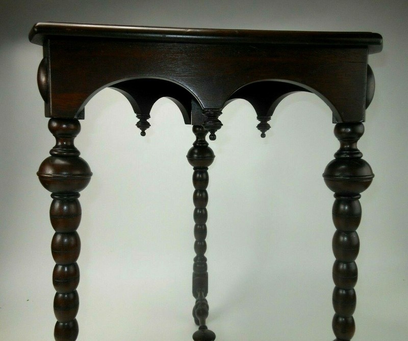 Antique Kittinger Triangle Walnut Table Stand w Turned Legs Triangle Top gallery