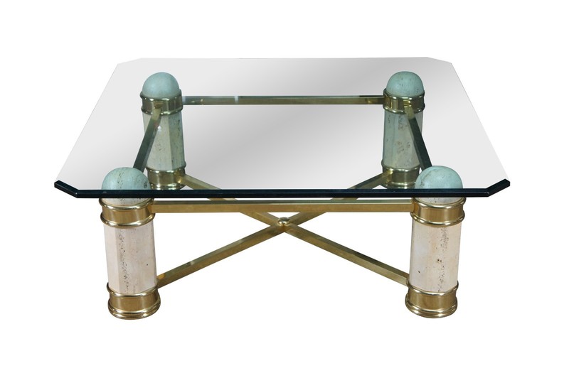 Vintage Italian Regency Travertine Stone Brass & Glass Coffee Cocktail Table 44″