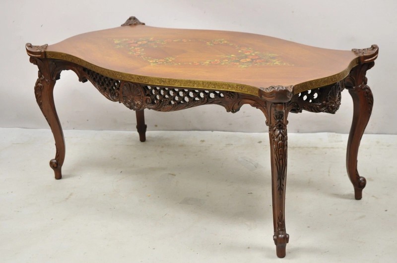 Vintage French Louis XV Style Walnut Coffee Table with Hand Painted Floral Top gallery