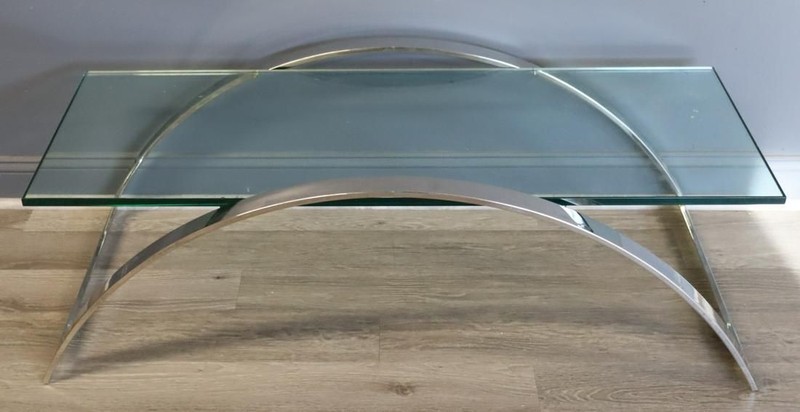Vintage MidCentury Modern chrome and glass arc coffee table unattributed maker,