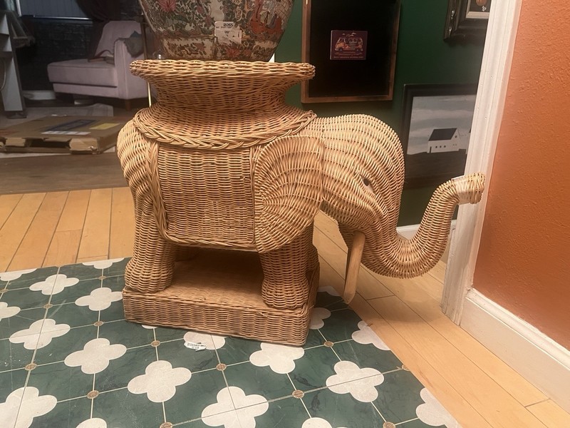 Vintage Boho Wicker Rattan Elephant Side Table Style of Mario Lopez Torres 1970s gallery