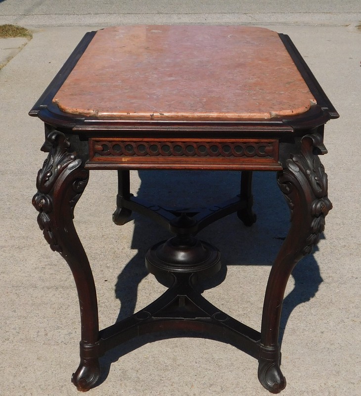 Victorian Rococo Library Table Salmon Colored Marble~~Rosewood gallery
