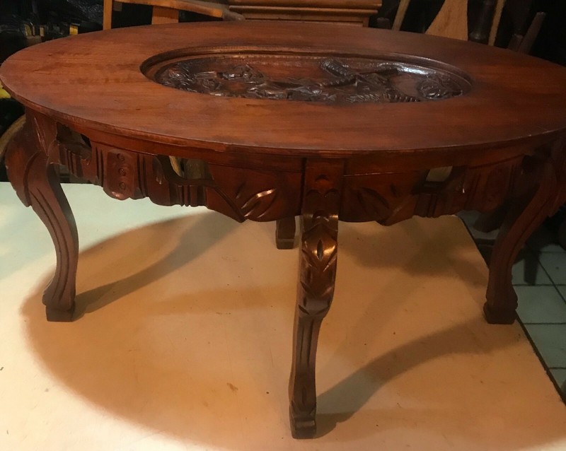Carved Walnut Coffee Table with Glass Serving Tray (CT-137)