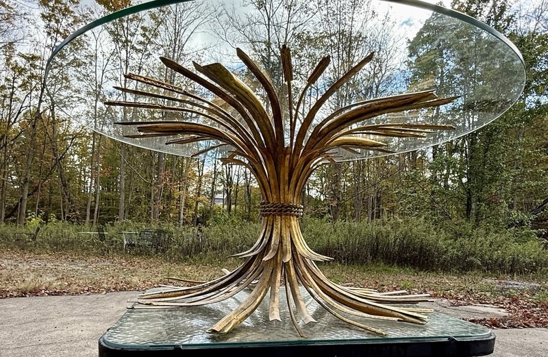 MCM Coco Chanel Wheat Sheaf Hollywood Regency Italy Gold Metal Gilt coffee table gallery