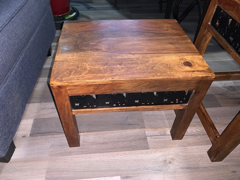 set of 2 ) ANTIQUE WOODEN TABLES WITH METAL ELEPHANT DESIGN gallery
