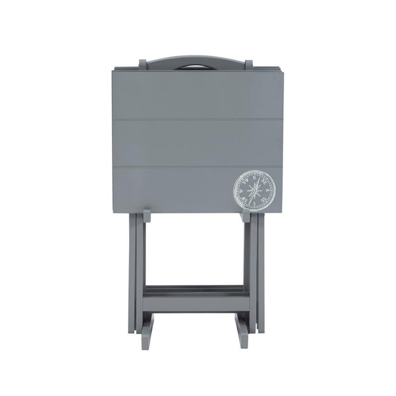 Maklaine 5 Piece Tray Table Set Planked Top with Compass Design in Gray Wood