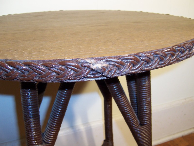 Antique Original Arts & Crafts Oak & Wicker Lamp Side Table 28" Tall gallery
