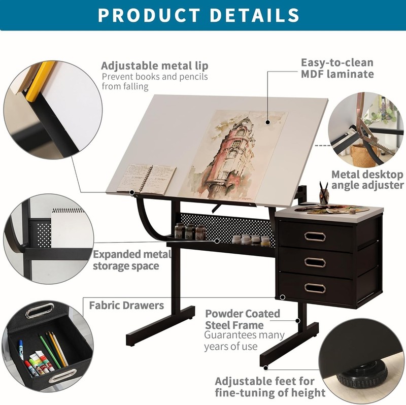 Adjustable Drafting Table with Stool & Storage Art Desk for Drawing Crafting gallery