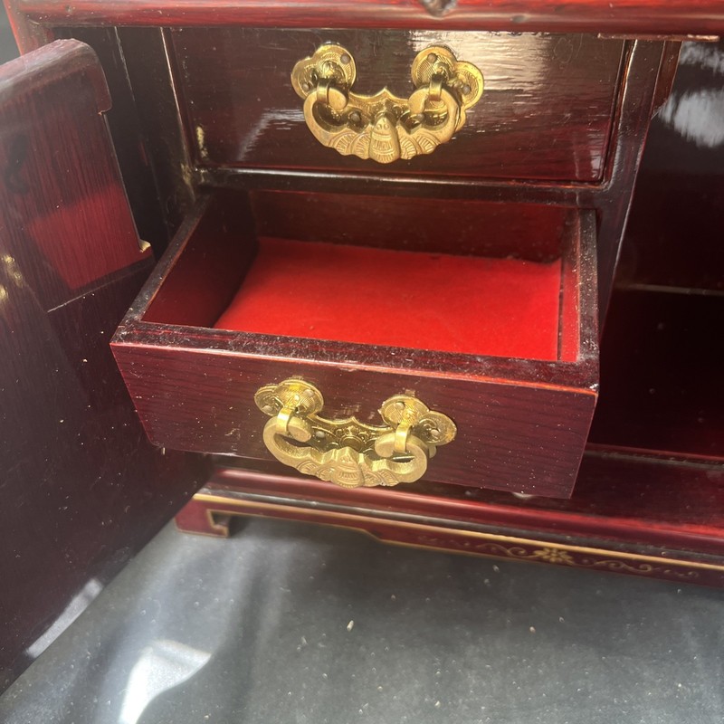 Vintage Oriental Asian Hand Painted Table Cabinet Cherry Wood W/ Mother Pearl gallery