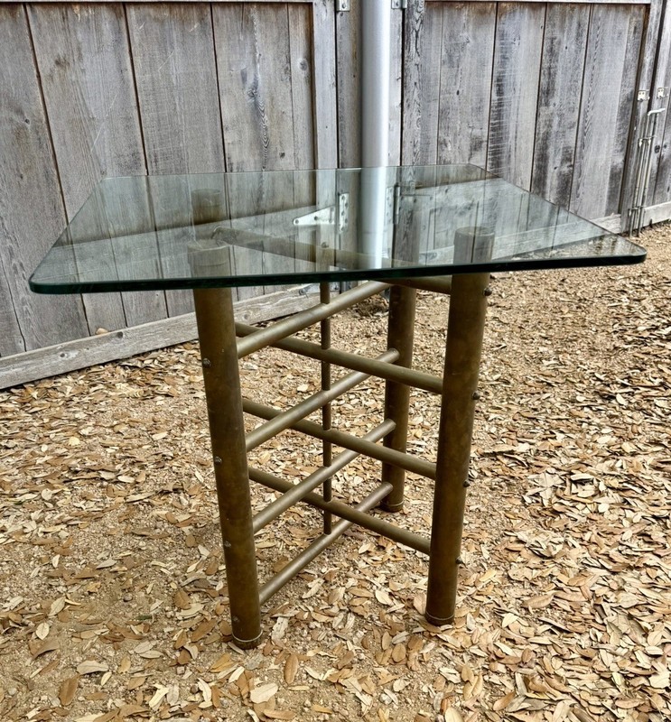 Vintage Antique Brass Adjustable X Base Tall Side End Table Glass Top gallery