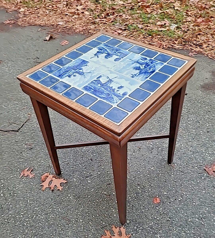 Blue Delft Windmill Tile Table Wood Porcelain Side Tea Furniture Trivets Dutch gallery