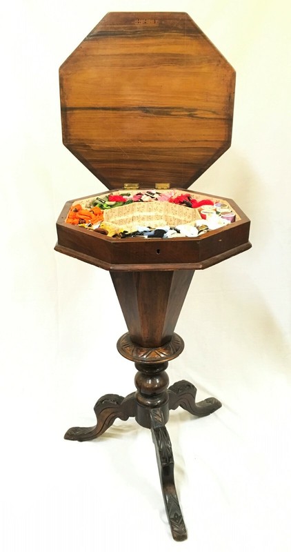 c.1840-60s Continental Walnut Trumpet Sewing Table with Inlay, Very Rare gallery