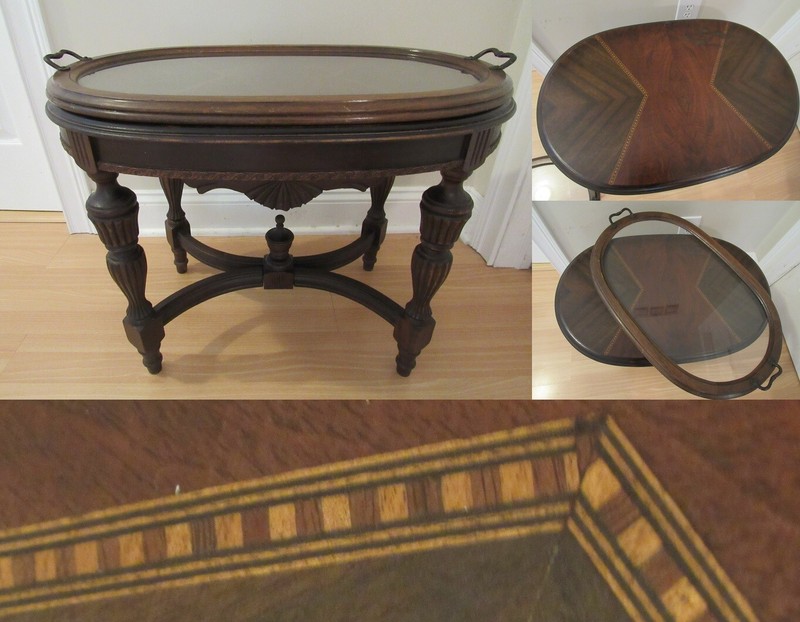 antique tea table REMOVABLE GLASS TOP TRAY early 1900’s WOOD INLAY WILL SHIP!!