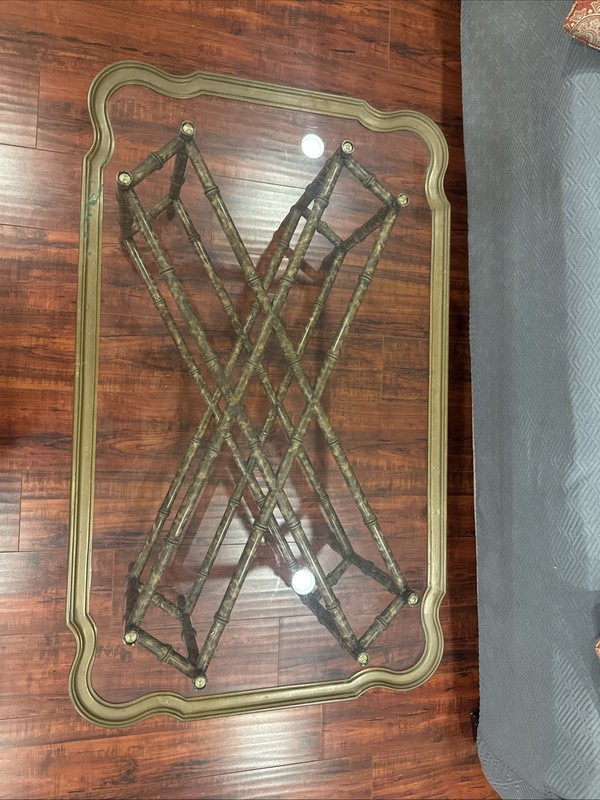 Regency Style Small Scale Brass Frame Glass Top Coffee Table Faux Bamboo Base