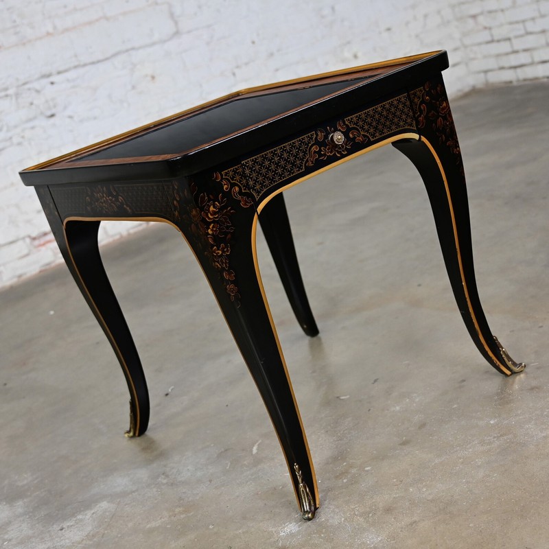1982 Drexel Heritage ET Cetera Chinoiserie End Table Black & Burl with Ormolu
