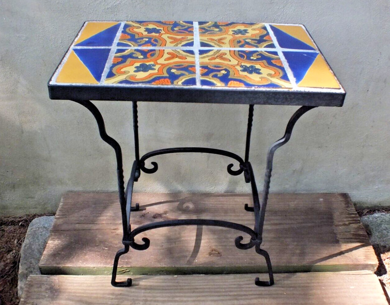 C1929 Hispano Moresque Spanish Revival Tile Top Table with Wrought Iron Base