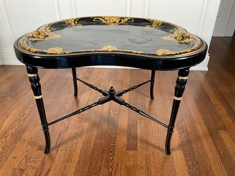 Antique Tole Tray Coffee Table On Custom Regency Style Faux Bamboo Wood Stand