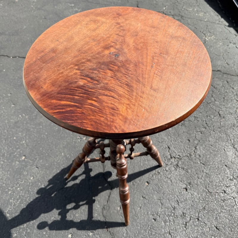 Antique Victorian Curly Maple Ornate Small Gypsy Parlor Table Round Spindle Gall
