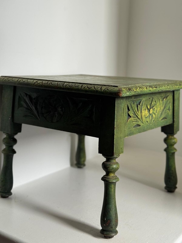 Antique Hand-Carved Folk Table Rustic Painted Green Side Stool gallery