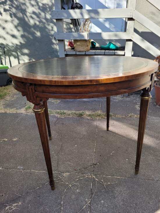 Vintage Antique Card Round Table Green And Gold Leather Top