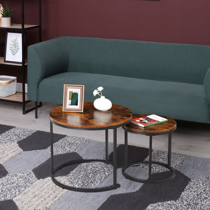 Nesting End Table Set of 2 Round Wood Accent Side Coffee Tables with Metal Frame gallery