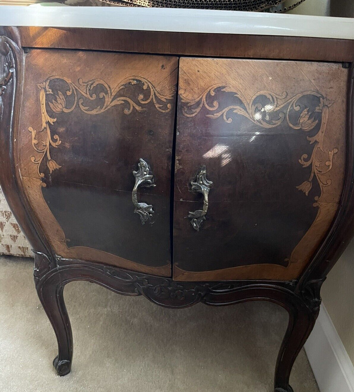 Pair Antique Bombe Marble top Inlaid French Side Tables/Cabinets