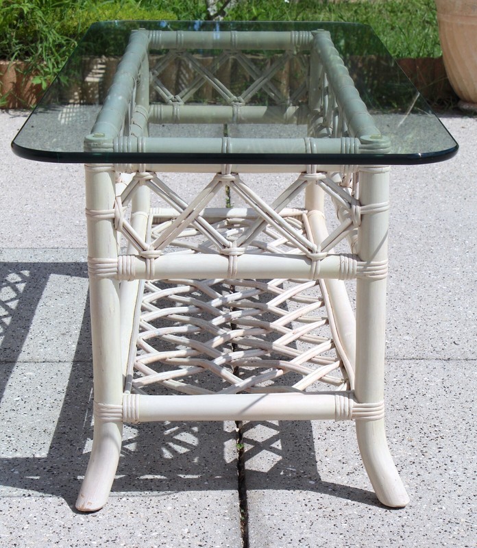 Vintage 1970s Coastal Rattan Coffee Table with Turquoise Glass Top gallery