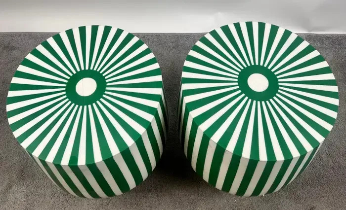 Art Deco Style Green & White Cylindrical Resin Side, End Table or Stool, a Pair gallery