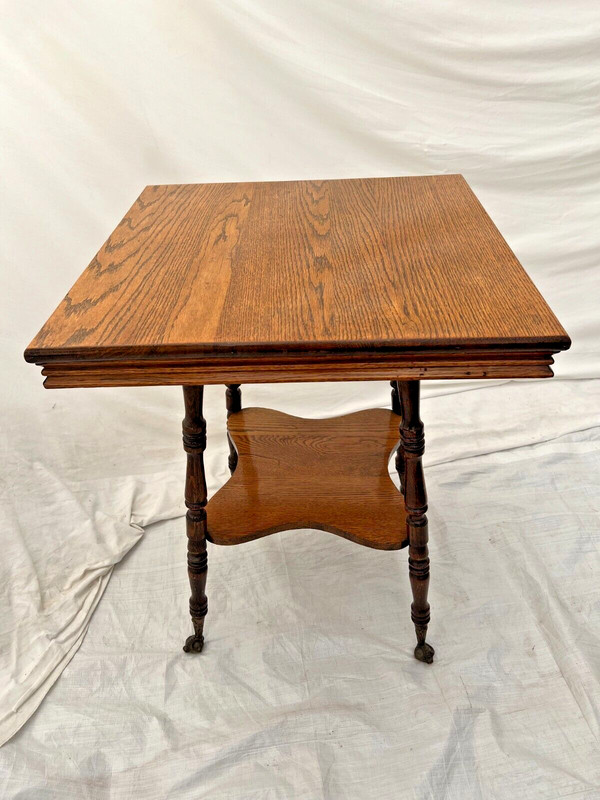Antique Victorian Table bottom shelf Oak Carved legs Glass Ball Claw feet gallery
