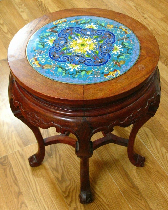 Vintage MCM Chinese Round Cloisonne Stool/Side Table Mahogany Carved Wood