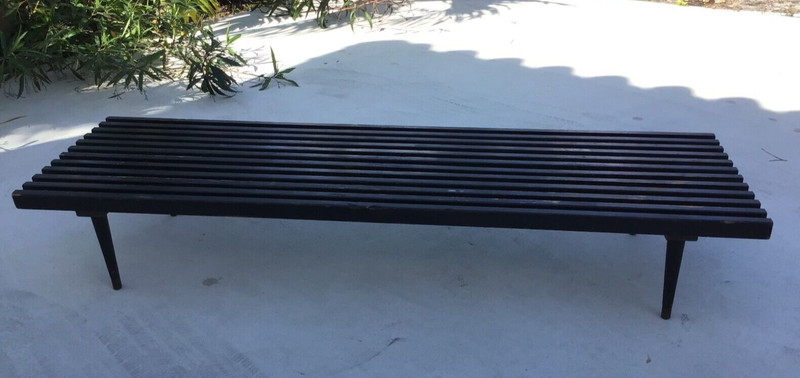 Mid Century Black Slat Wood Coffee Table with Brass Fittings