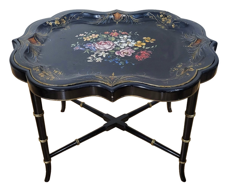 Vintage 20th C ENGLISH Regency Style BAMBOO Base PAPIER MACHE TRAY Coffee TABLE gallery