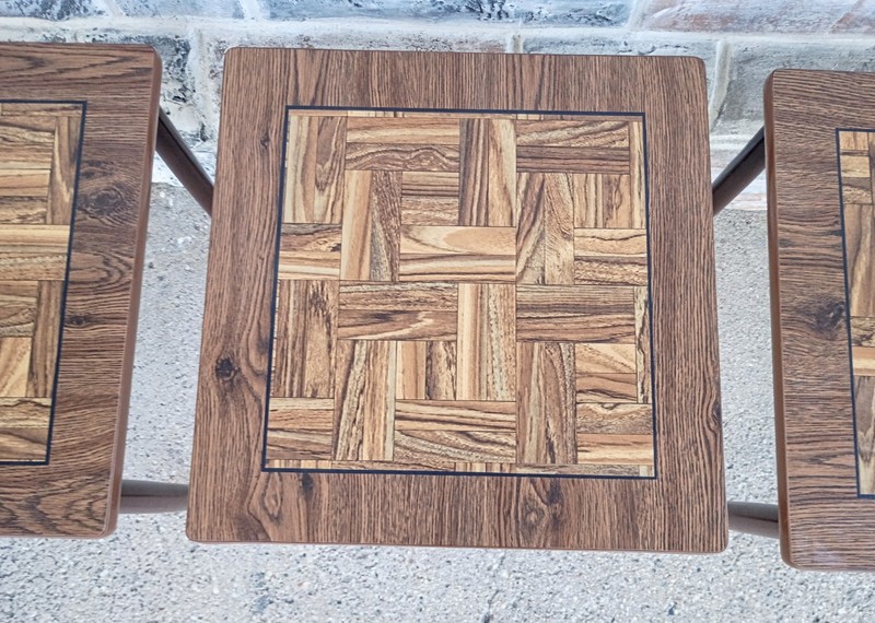 3 Vtg Mid Century Inlaid Woodgrain Laminate Stacking Nesting Snack End Tables gallery