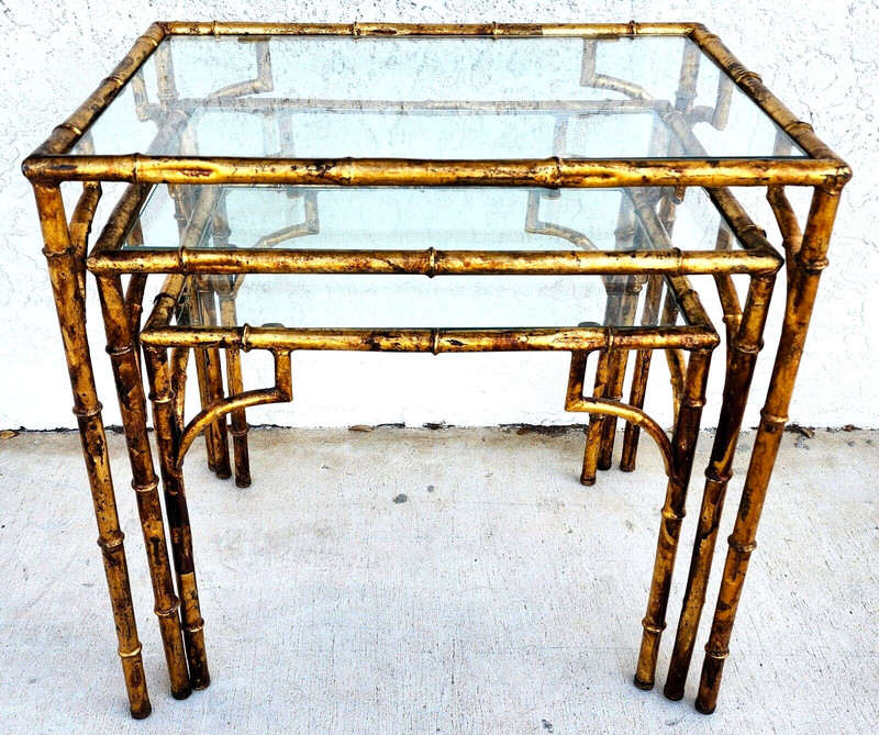 Vintage Nesting Tables Gilded Faux Bamboo Set of 3 gallery