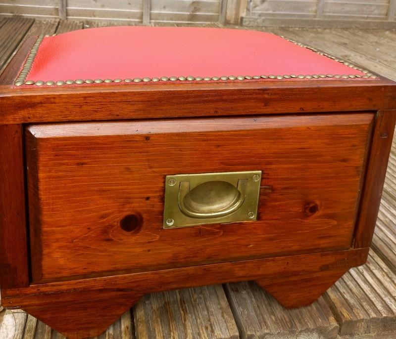 Antique Leather-Topped Oak Wood Chest Table Seat Storage Drawer Brass Handle gallery