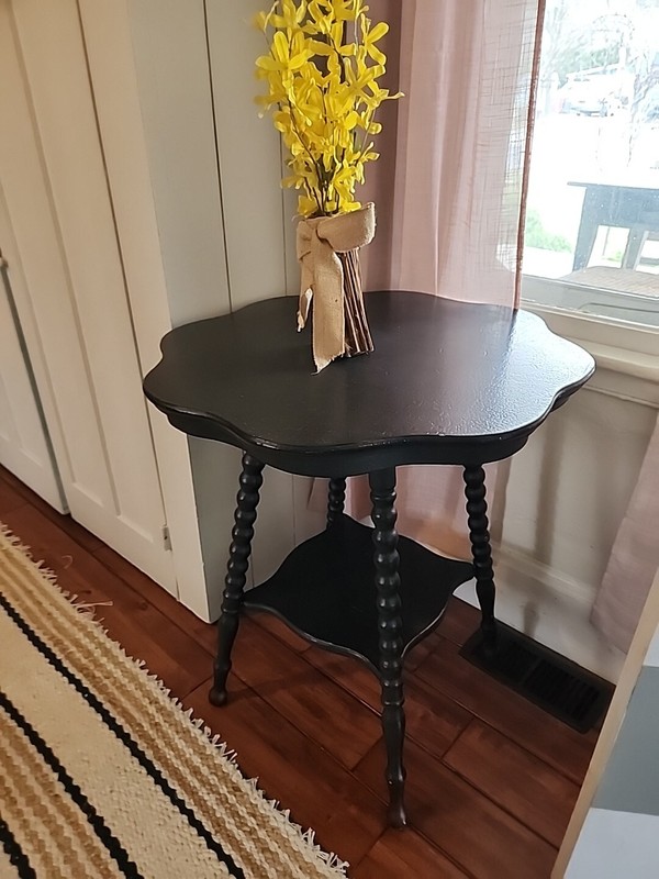 Antique Side Accent Table Turned Bead Leg Wood - Round Scallop Top Painted Black gallery