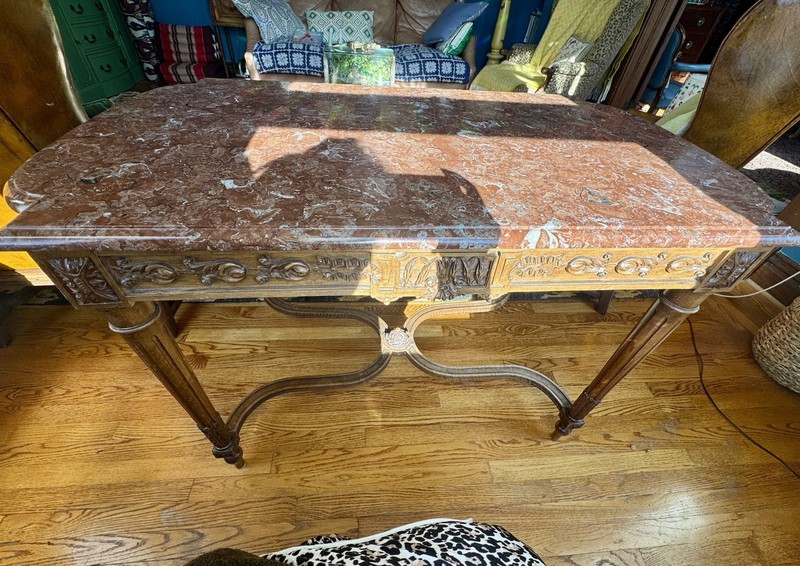 Vintage solid wood hand carved table with marble top gallery