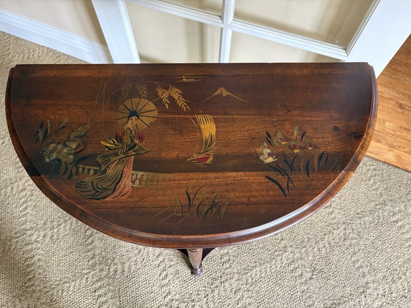 Vintage Asian Motif Demilune 1/2 Round Entry Hall Wood Table gallery