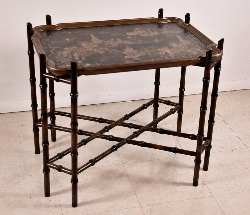 Baker Chinoiserie Tray Table with Bamboo Frame
