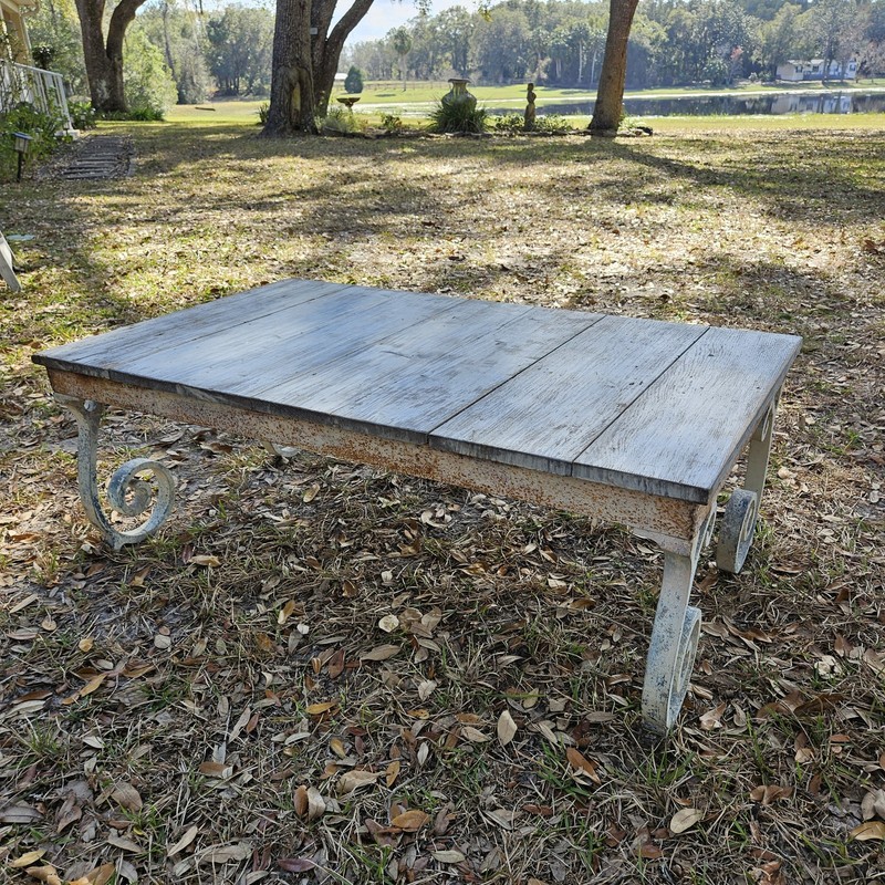 Vintage French Country Coffee Table Cast Iron Whitewashed Wood Top 50’s Coastal