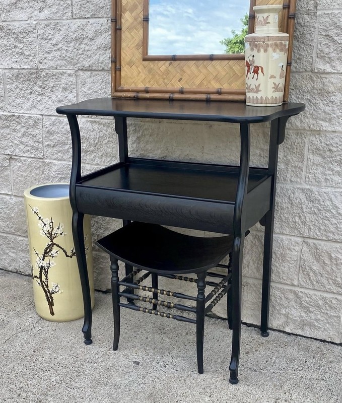Antique Vtg Black Lacquer Wooden Single Drawer Entry Table Vanity Thebes Stool