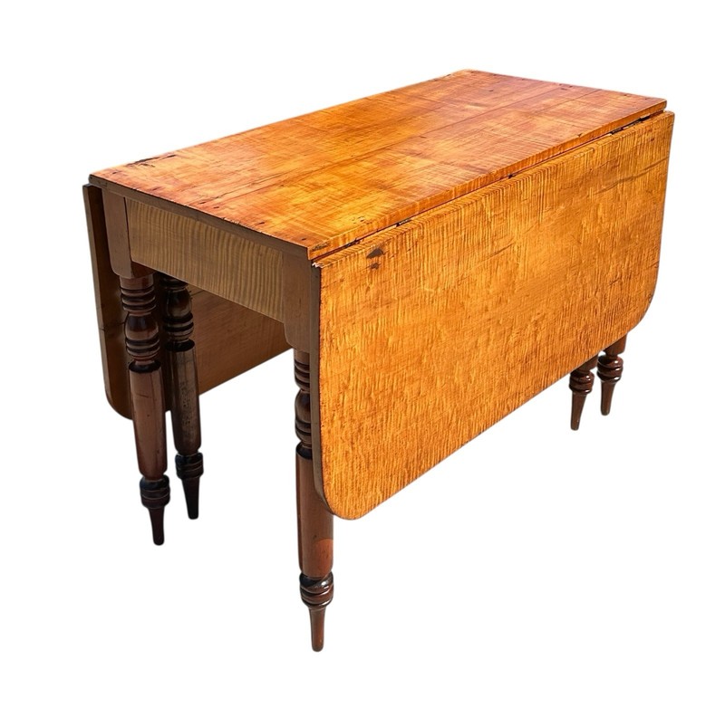 Antique Federal Period New England Tiger Maple & Cherry Dropleaf Dining Table gallery
