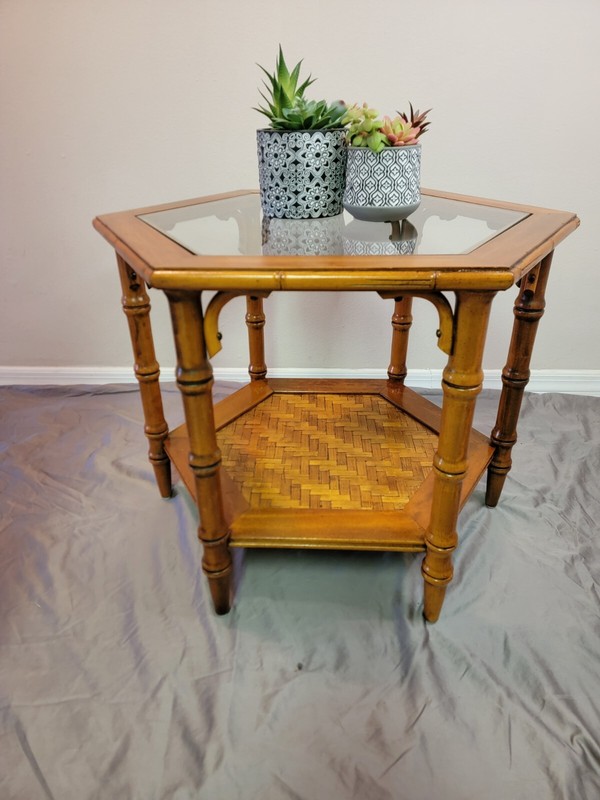Vintage Mid-Century Hexagonal Coffee/Side Table, Glass-Top, Faux Bamboo/Rattan gallery