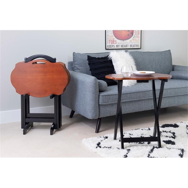 Pemberly Row Traditional Five Piece Wood Tray Table Set in Hazelnut and Black gallery