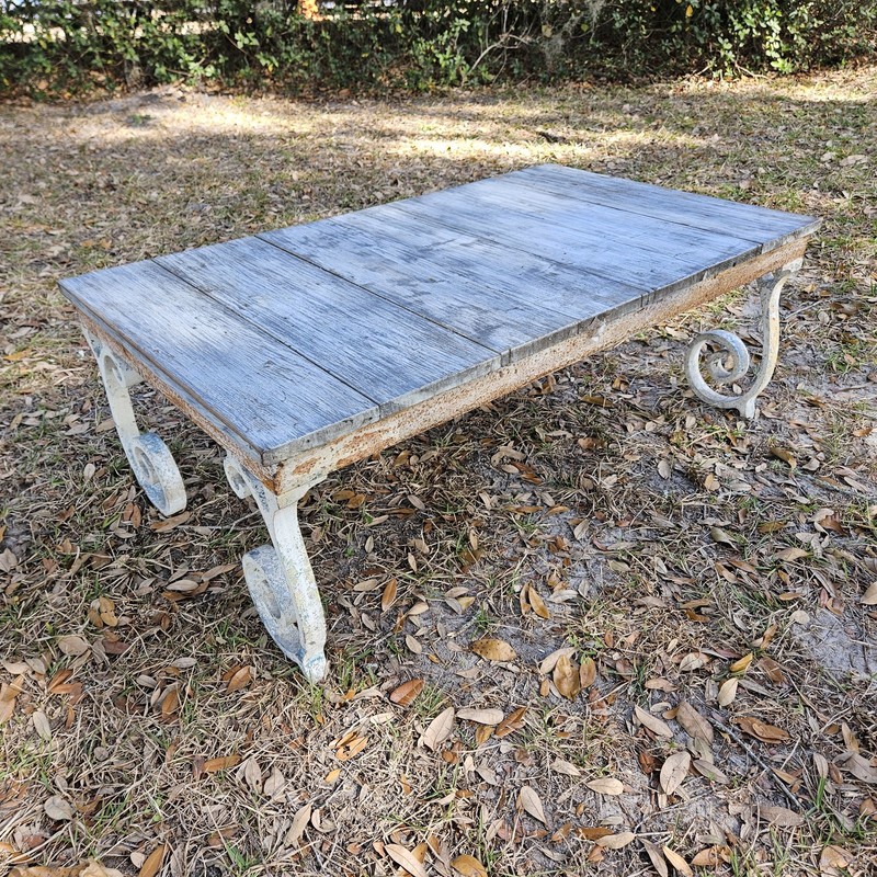 Vintage French Country Coffee Table Cast Iron Whitewashed Wood Top 50's Coastal gallery